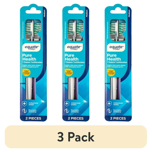 (3 pack) Equate Pure Health, Adult, Manual Medium Bristle Toothbrush with Tongue and Cheek Cleaner, 2 Count