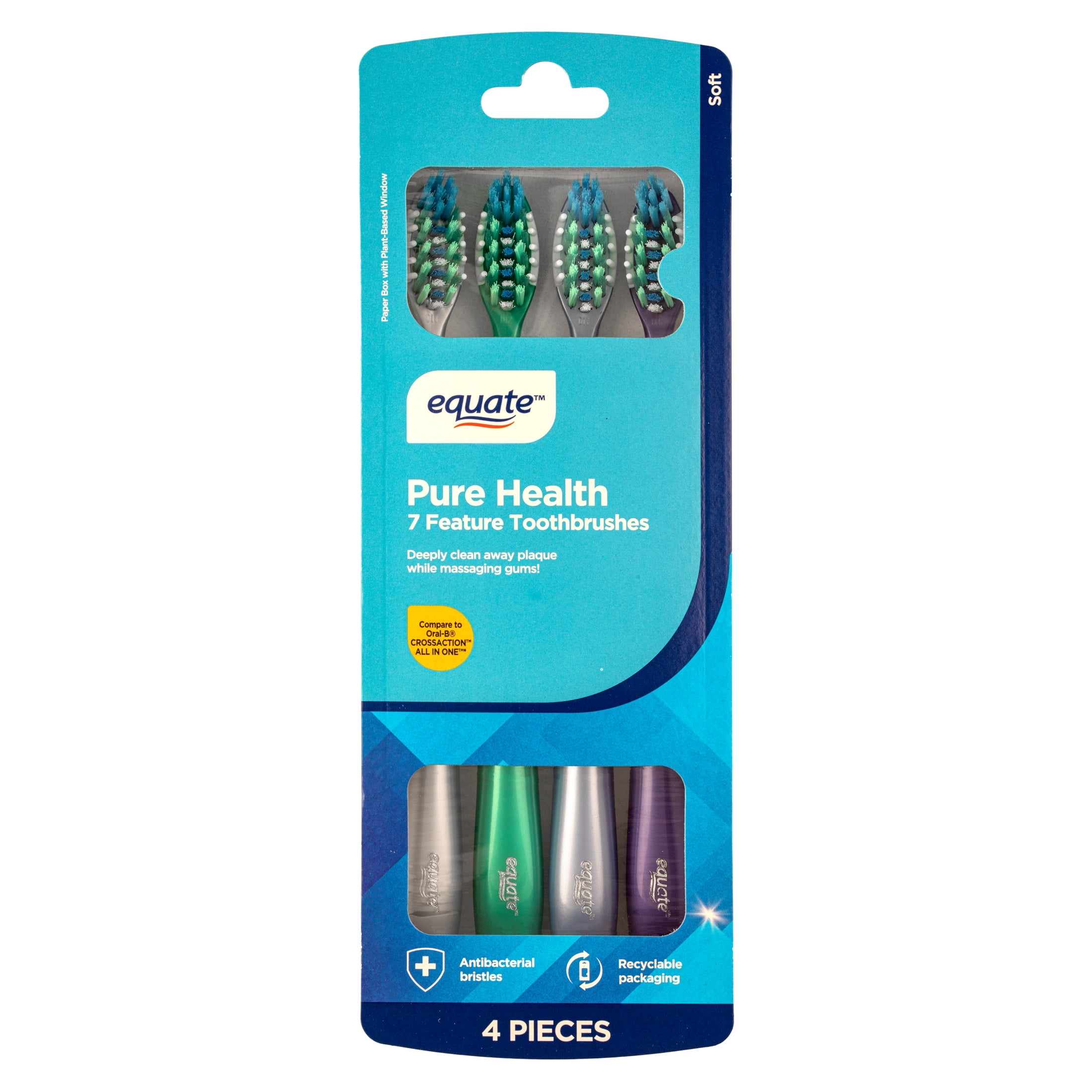 Equate Pure Health, Adult, Manual Soft Bristle Toothbrush with Tongue and Cheek Cleaner, 4 Count