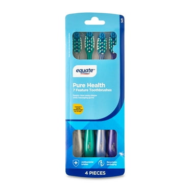 Equate Pure Health Toothbrush with Tongue & Cheek Cleaner, Soft Bristles (4 Count), Compare to Oral-B® Crossaction™ All In One™