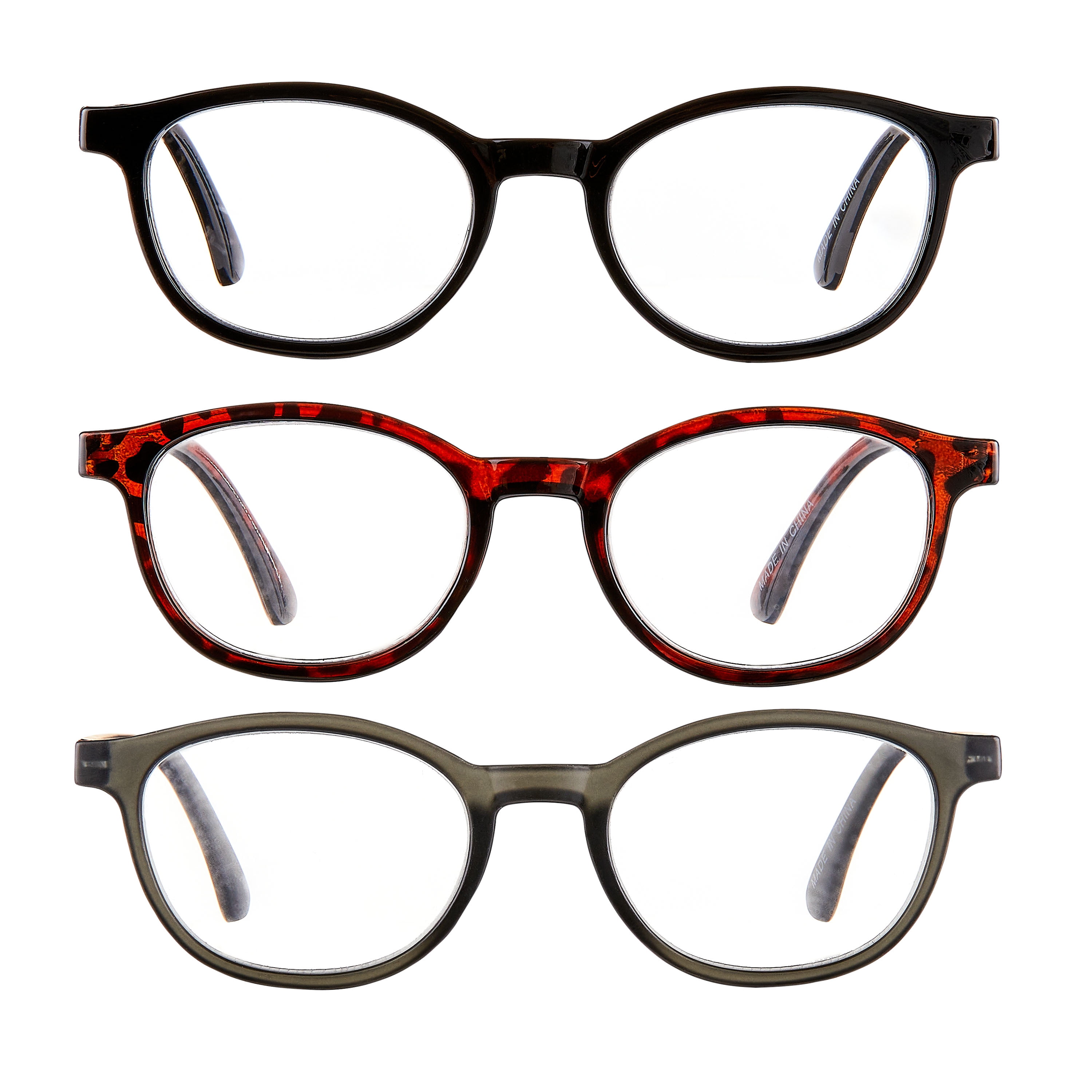 Equate Unisex Rectangular Reading Glasses, Gray/Black/Tortoise, +2.00, 3 Pack