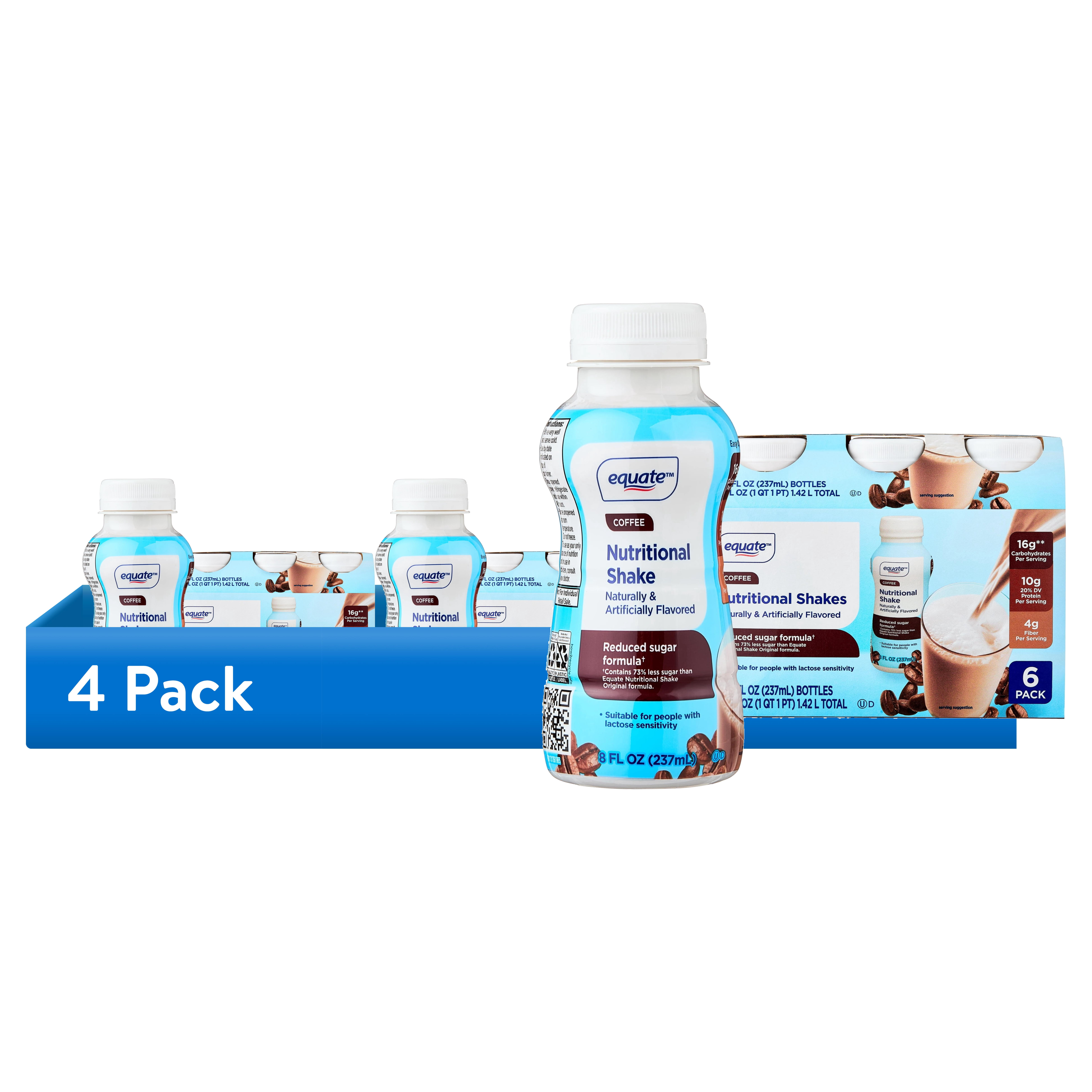 (4 pack) Equate Reduced Sugar Formula Nutritional Shakes, Coffee, 8 fl oz, 6 Count