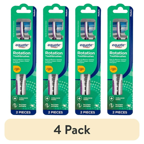(4 pack) Equate Rotation, Adult Manual Medium Bristle Toothbrush with Tongue and Cheek Cleaner, 2 Count