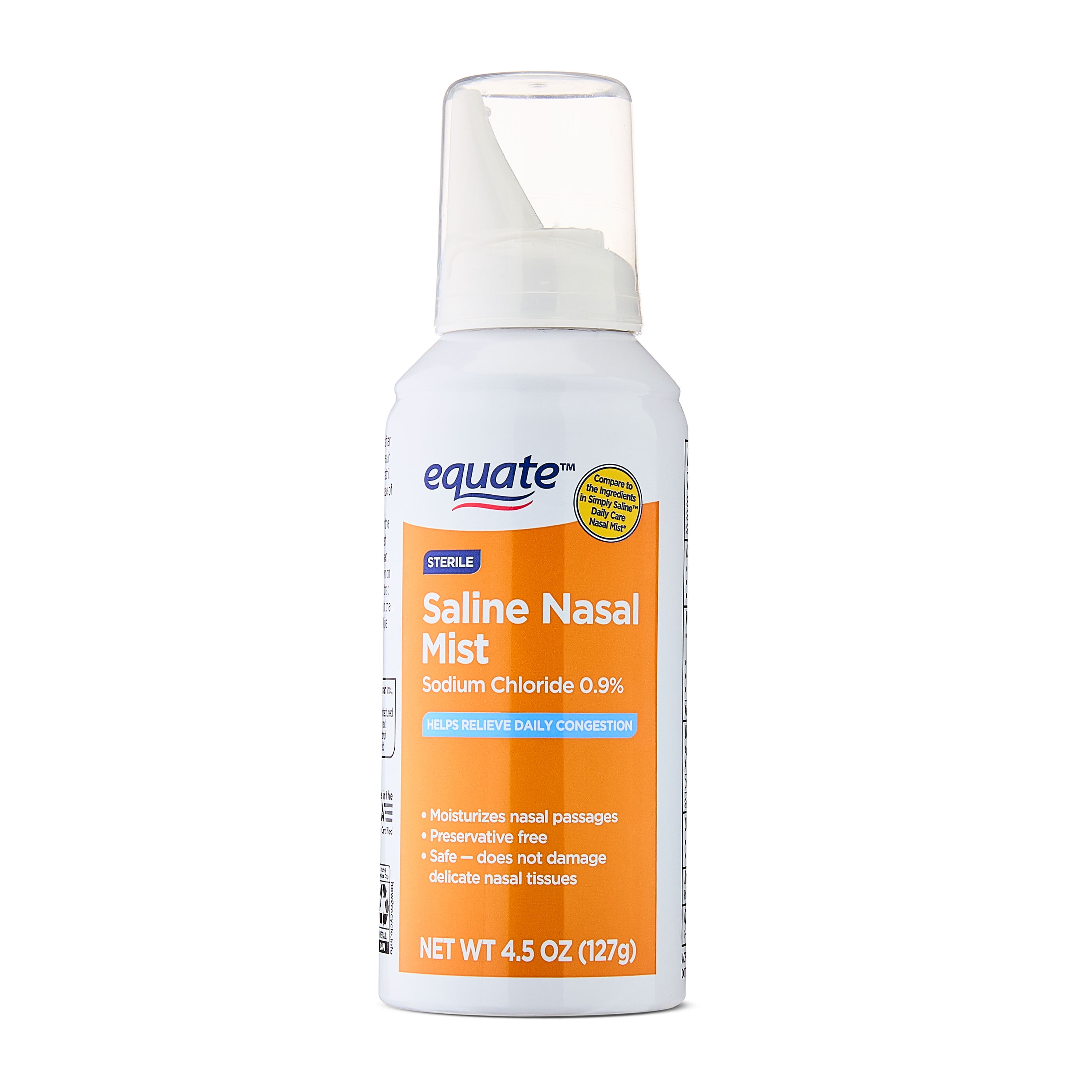 Equate Saline Nasal Mist Spray for Nasal Congestion, 4.5 fl oz, Compare to the Ingredients in Simply Saline Daily Care Nasal Mist