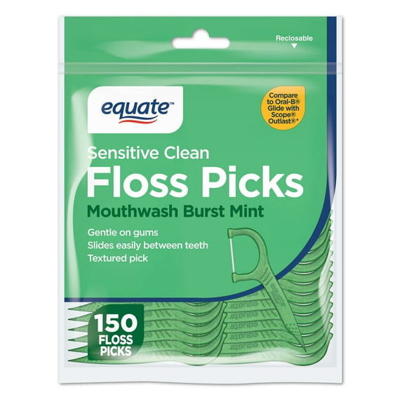 Equate Sensitive Clean Flossers, Mouthwash Burst Mint, Soft Tape Floss,  150 Count