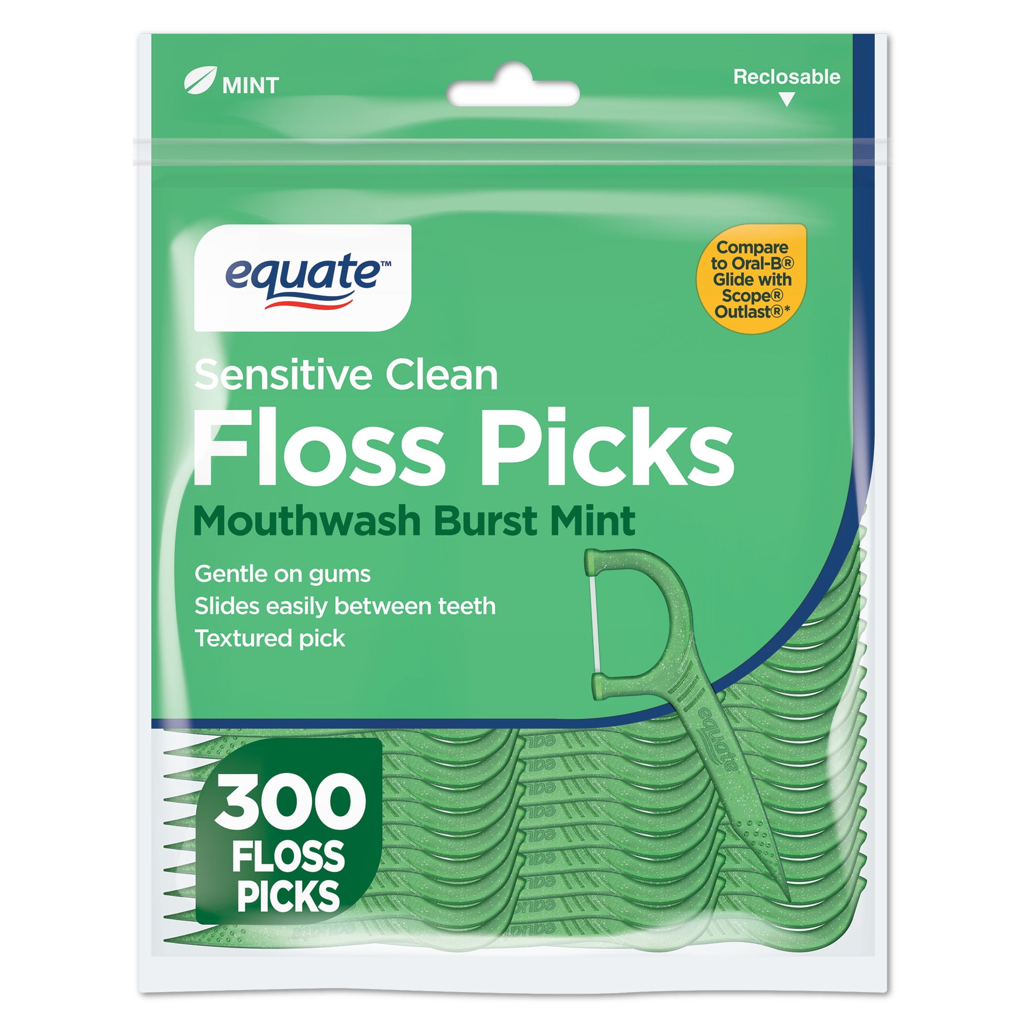 Equate Sensitive Clean Floss Picks, Mouthwash Burst Mint, 300 Count