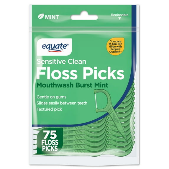 Equate Sensitive Clean Floss Picks, Mouthwash Burst Mint, 75 Count