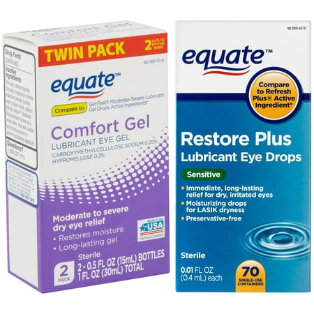 Equate Sensitive Restore Plus Lubricant Eye Drops / Comfort Gel Lubricant Eye Drops Bundle