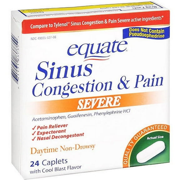 Equate Severe Acetaminophen, Guaifensin, Phenylephrine Hcl Sinus Congestion & Pain, 24 Count