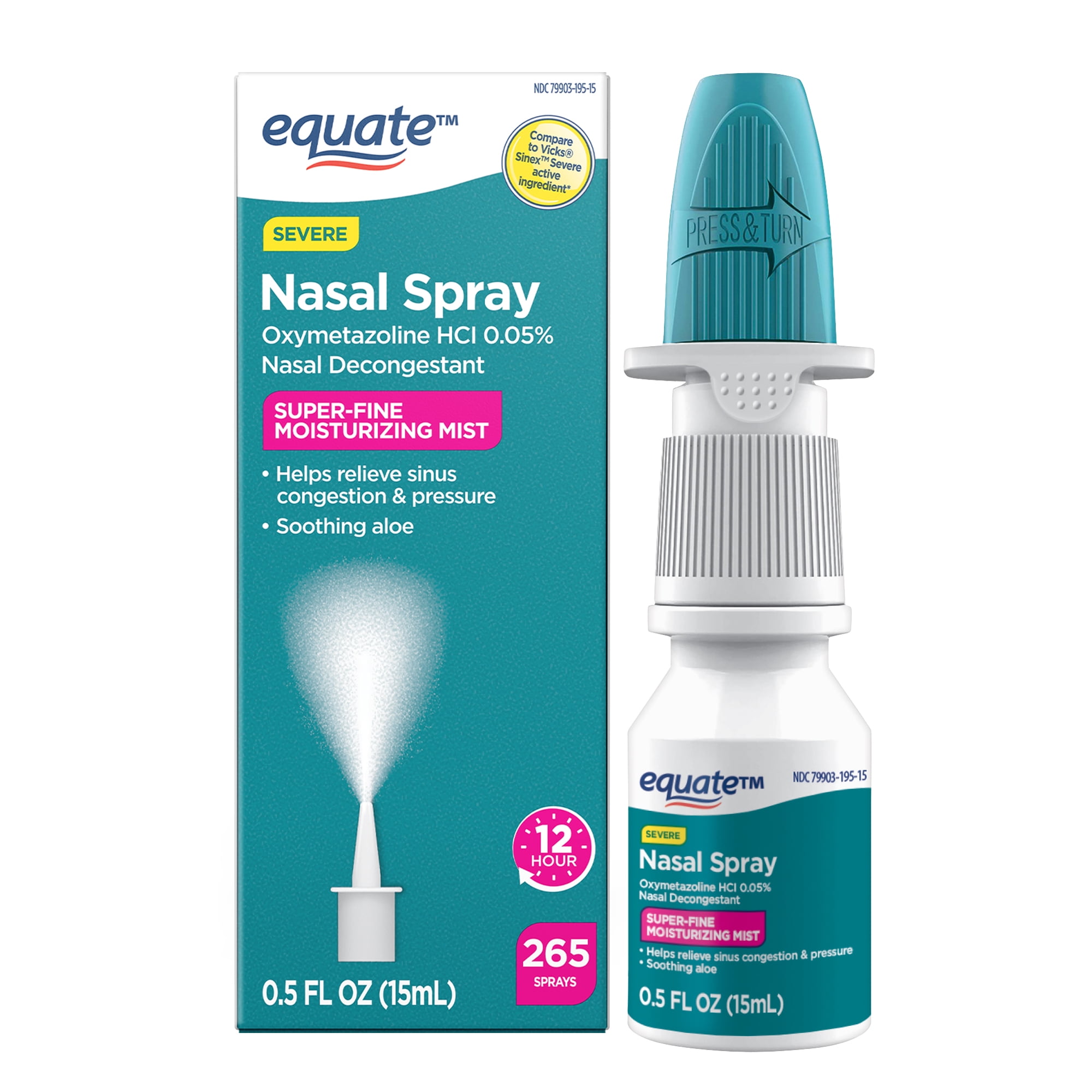 Equate Severe Nasal Spray Oxymetazoline HCI 0.05%, Superfine Mist, 12 Hour, 265 Sprays, Compare to Vicks Sinex Severe Active Ingredient