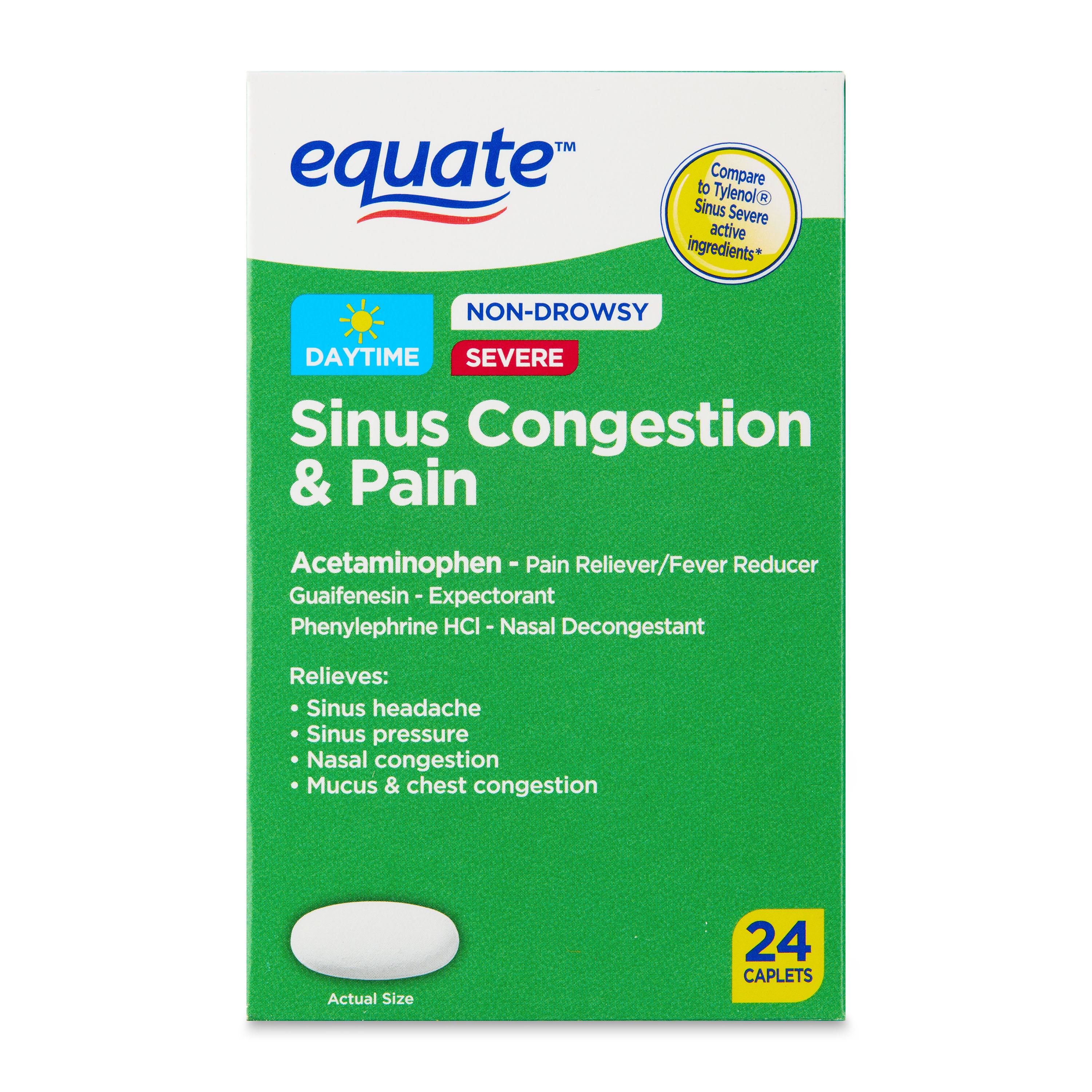 Equate Severe Sinus Congestion & Pain Acetaminophen Caplets 325mg, 24 Count - image 1 of 10