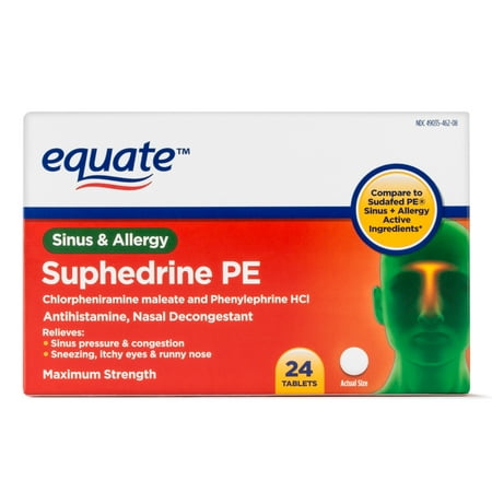 (3 pack) Equate Sinus & Allergy Suphedrine PE Nasal Decongestant Tablets, 24 Count