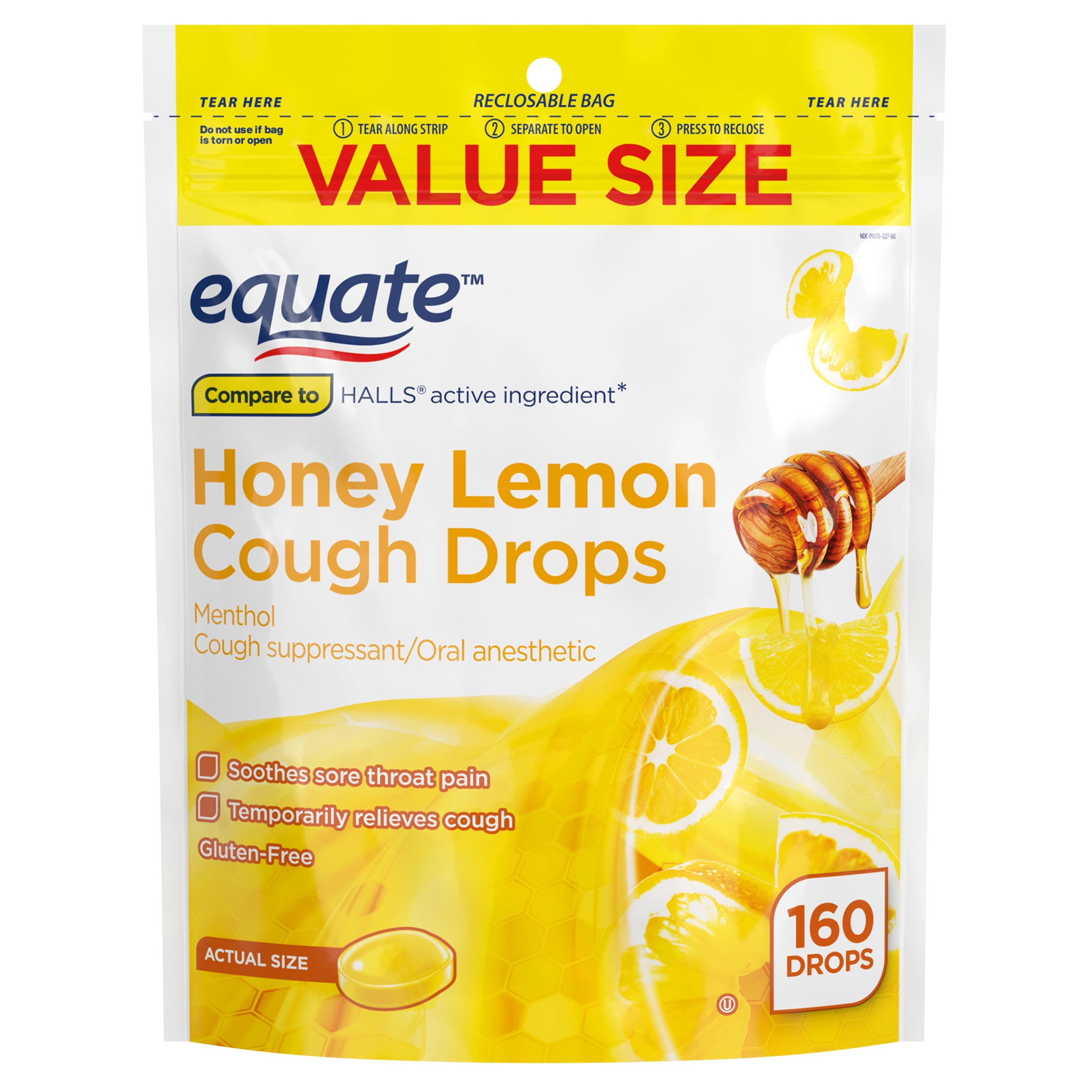 Equate Sore Throat and Cough Relief Menthol Cough Drops, Honey Lemon Flavor, 160 Count