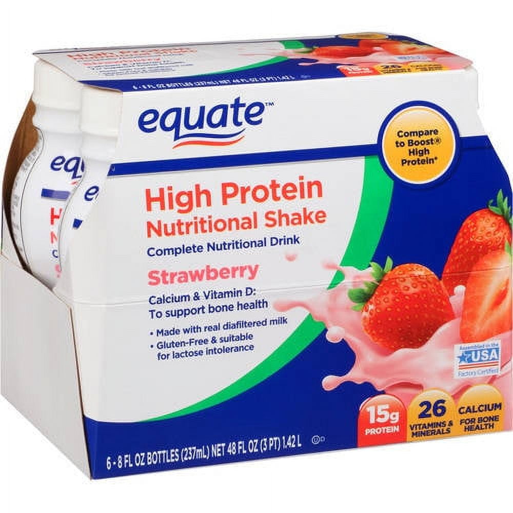 Equate Strawberry High Protein Nutritional Shakes, 8 FL OZ, 6 Count