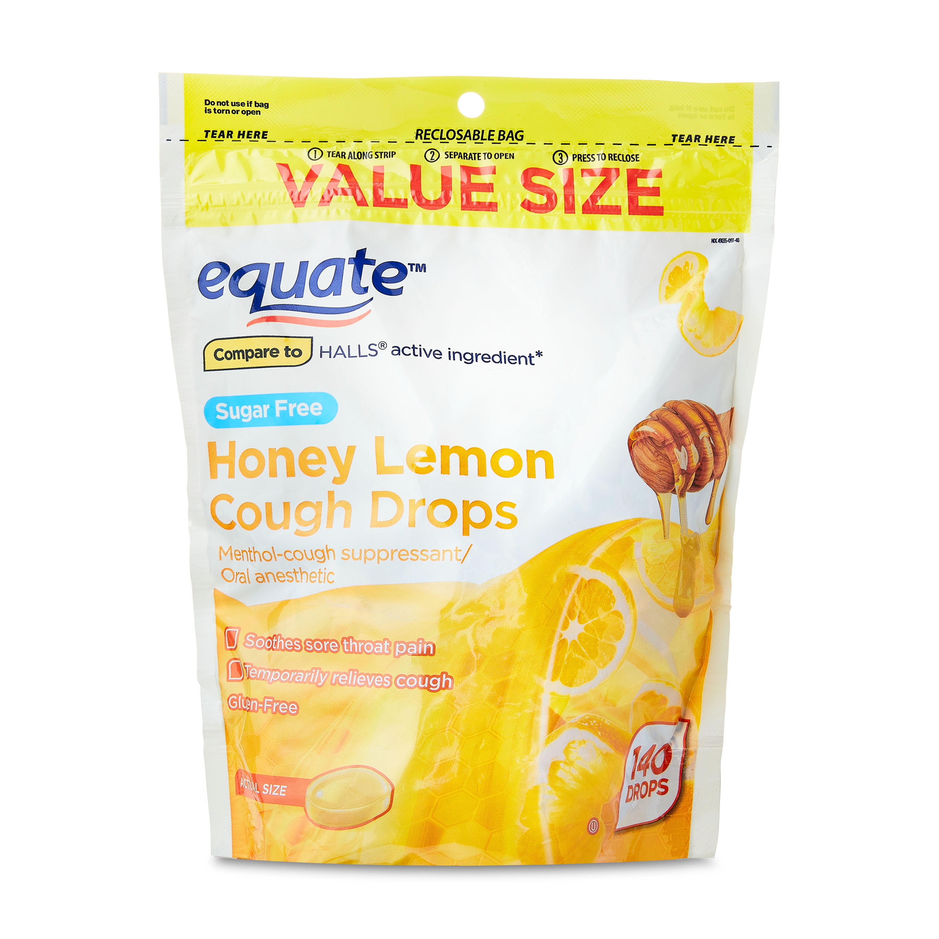 Equate Sugar Free Sore Throat and Cough Relief Menthol Cough Drops, Honey Lemon Flavor, 140 Count, Compare to the Active Ingredient in HALLS