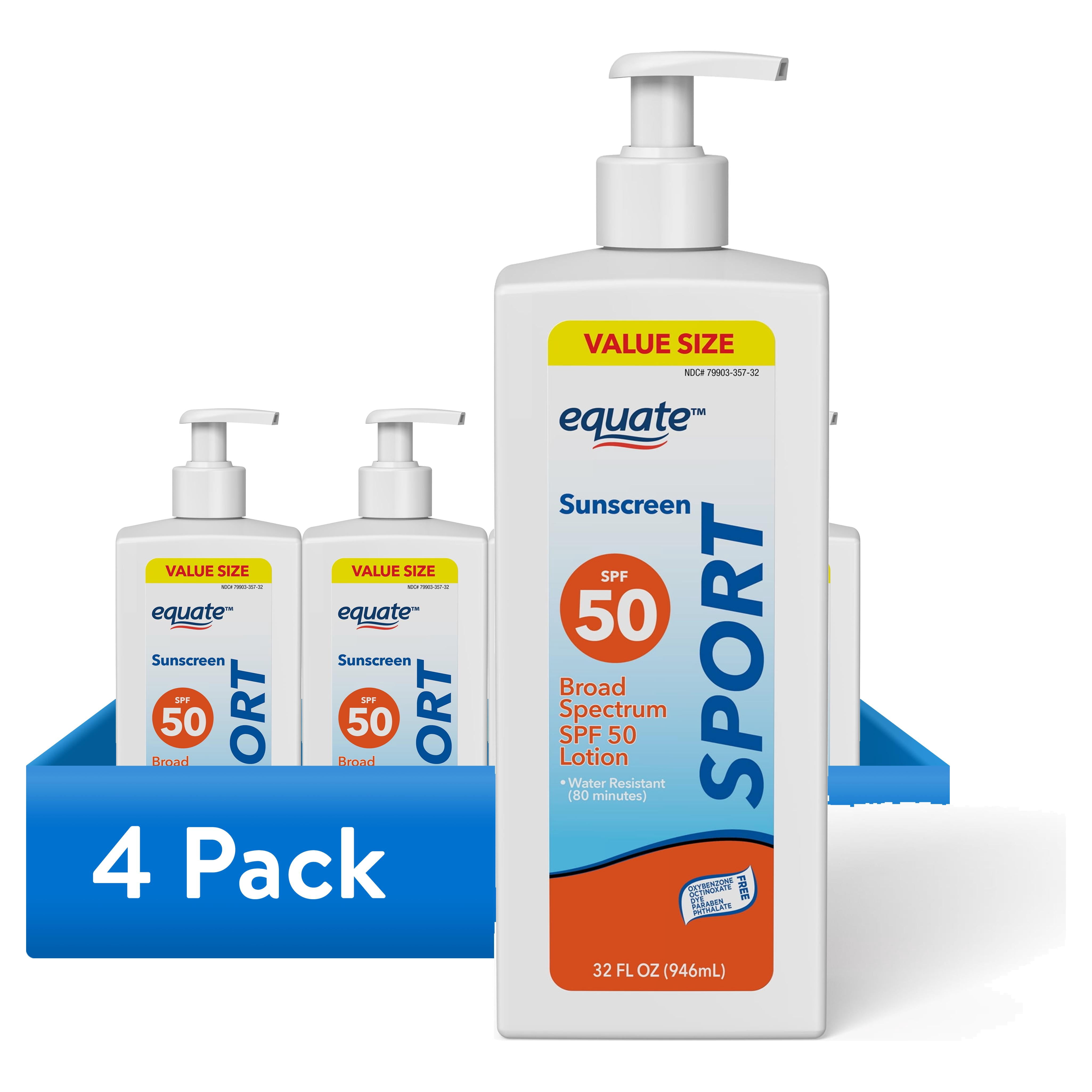 (4 pack) Equate Sport Broad Spectrum Sunscreen Sport SPF 50 Lotion, 32 fl oz