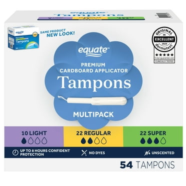 Equate Multipack Premium Tampons with Cardboard Applicators of Light, Regular, Super Absorbency (54 Count)