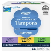 Equate Tampons with Premium Plastic Applicators, Unscented, Light/Regular/Super, 36 Count