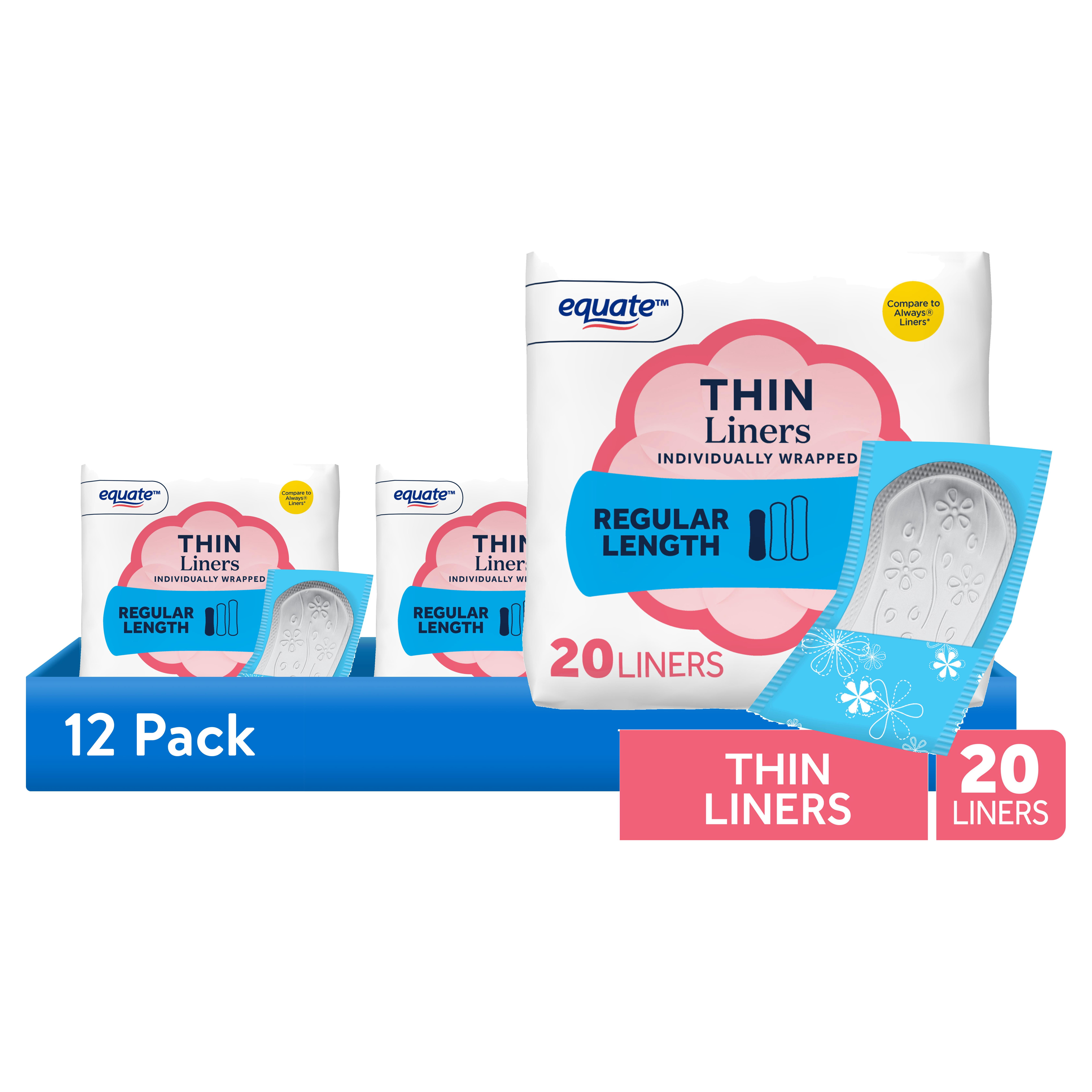 (12 pack) Equate Thin Panty Liners, Regular Length, Individually Wrapped, Compare to Always, 20 Count