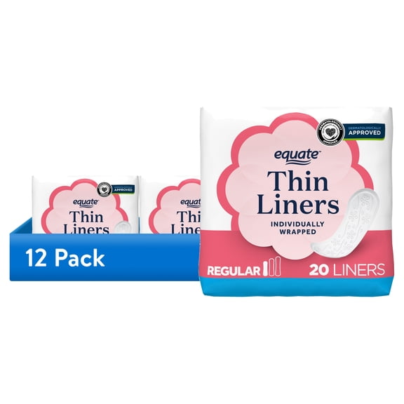 (12 pack) Equate Thin Panty Liners, Regular Length, Individually Wrapped, Unscented, Compare to Always (20 Count)