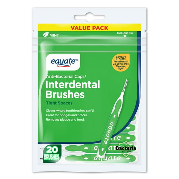 Equate Interdental Brushes with Antibacterial Caps, Mint, Tight, 20 Count