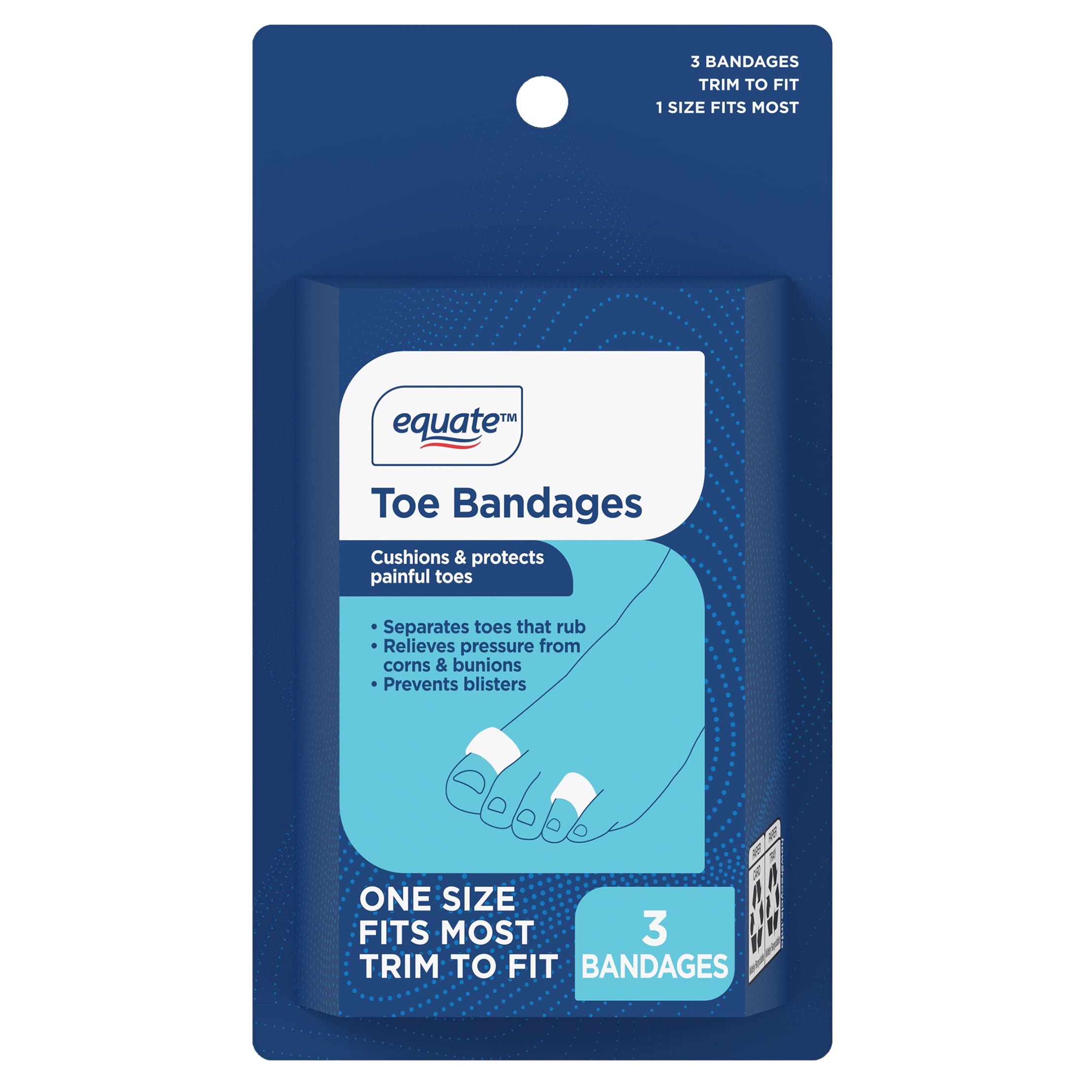 Equate Toe Bandages Cushion & Protect Corns and Bunions, One Size Fits Most, Trim to Fit, 3 Count