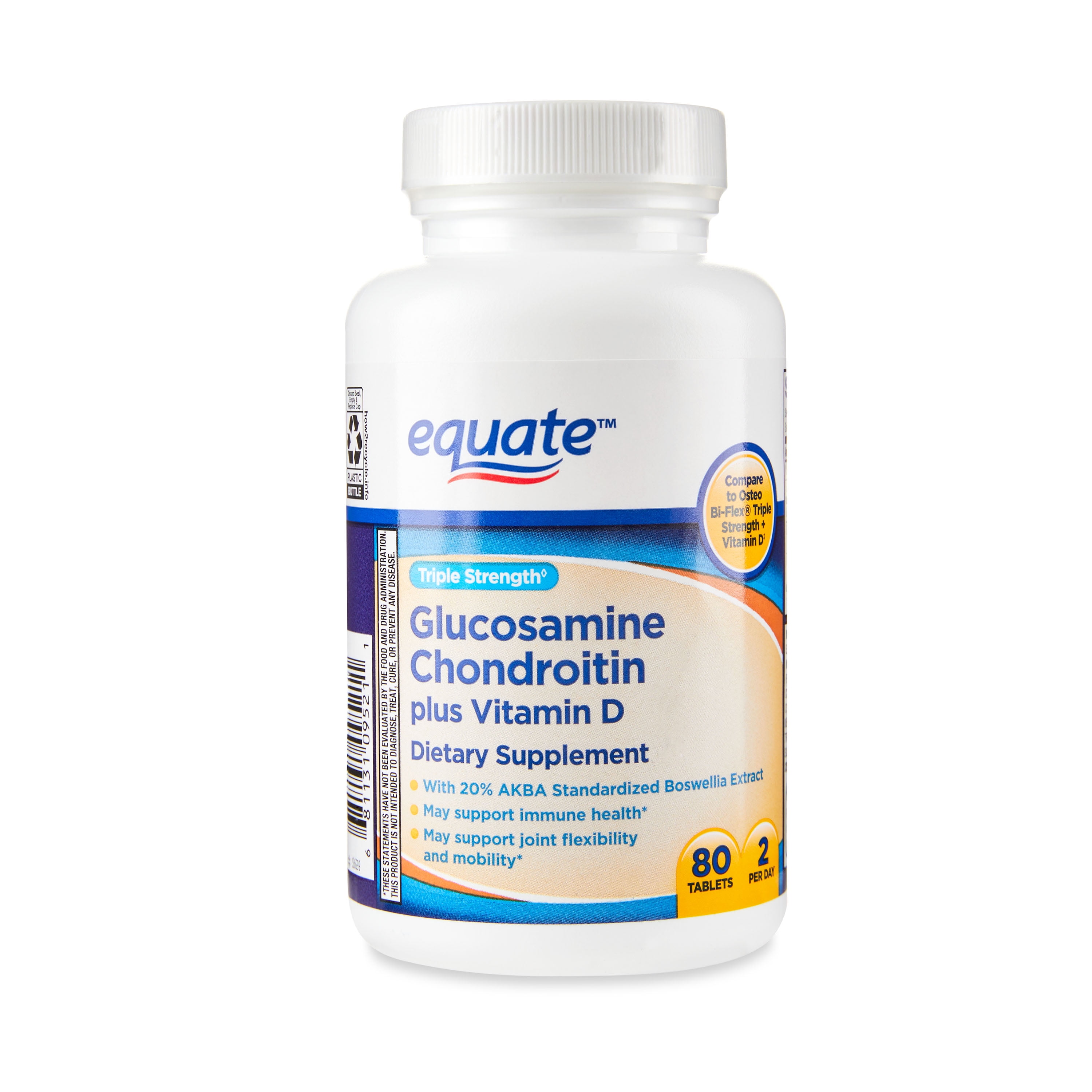 Equate Triple Strength Glucosamine Chondroitin Plus Vitamin D Tablets for Joint Health, 80 Count, Compare to Osteo Bi-Flex Triple Strength + Vitamin D