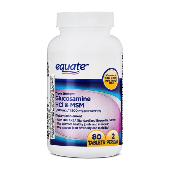 Equate Triple Strength Glucosamine HCI & MSM Dietary Supplement Tablets for Bone and Joint Health, 1,500 mg, 80 Count