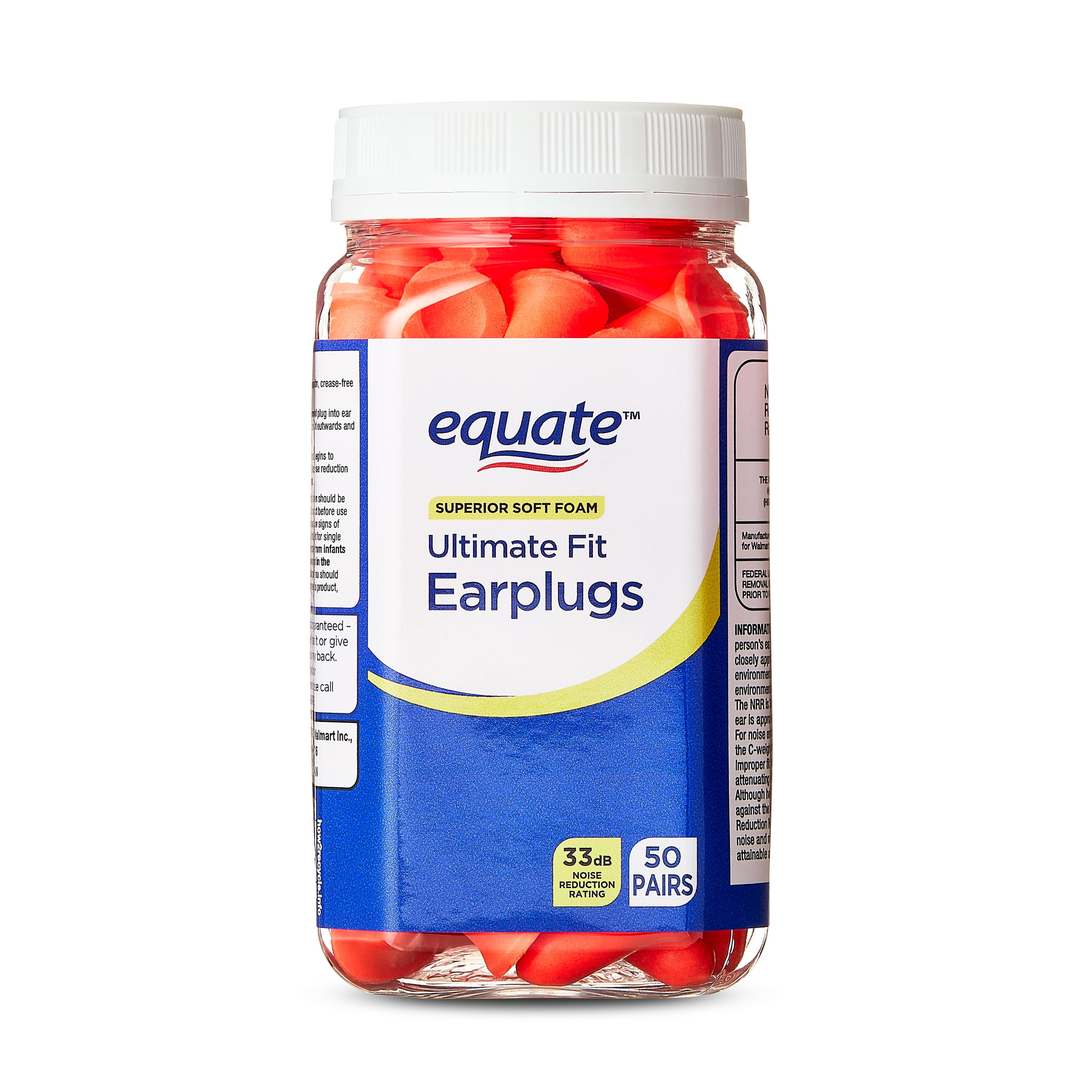 Equate Ultimate Fit Foam Earplugs, 33 dB noise reduction rating, 50 Pairs