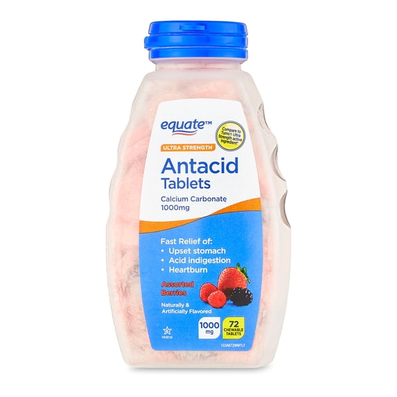 Equate Ultra Strength Antacid Chewable Tablets, Assorted Berries Flavor, 1000 mg, 72 Count