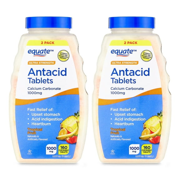 Equate Ultra Strength Antacid Chewable Tablets, Tropical Fruit, Twin Pack, 160 Count, Compare to Tums Ultra Strength Active Ingredient