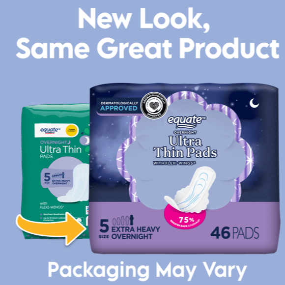 Equate Overnight Ultra Thin Pads with Wings, Size 5, Extra Heavy Overnight Protection (46 Count)
