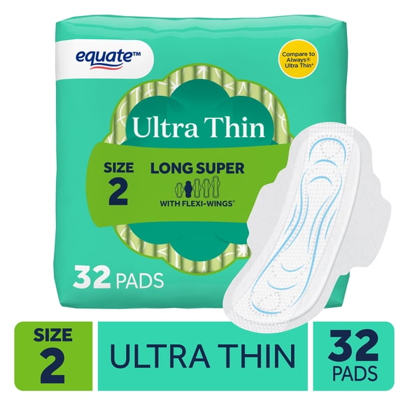 Equate Ultra Thin Pads with Flexi-Wings, Long Super Absorbency, Size 2, 32 Count