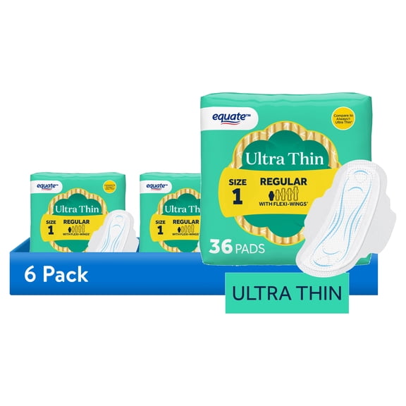 (6 pack) Equate Ultra Thin Pads with Flexi-Wings, Regular Absorbency, Size 1, 36 Count
