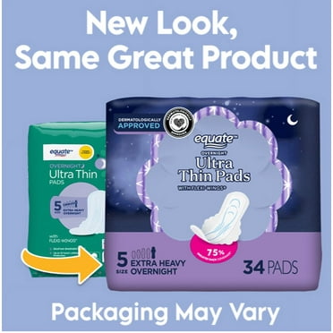 Equate Overnight Ultra Thin Pads with Wings, Size 5, Extra Heavy Overnight Protection (34 Count)