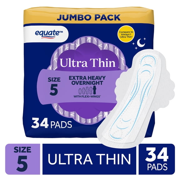 Equate Ultra Thin Pads with Flexi-Wings, Extra Heavy Overnight Absorbency, Size 5, 34 Count