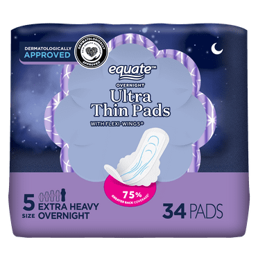 Equate Overnight Ultra Thin Pads with Wings, Size 5, Extra Heavy Overnight Protection (34 Count)