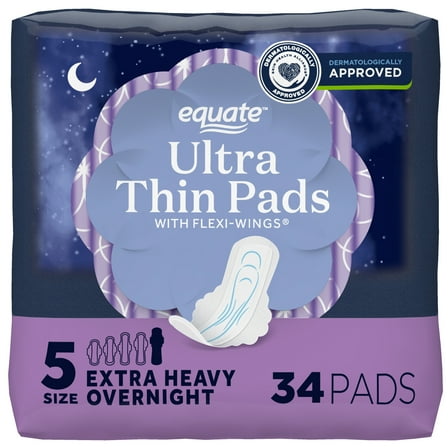 Equate Ultra Thin Pads with Wings, Size 5, Extra Heavy Overnight Absorbency, Compare to Always (34 Count)