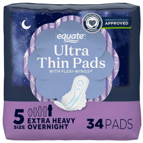 Equate Ultra Thin Pads with Wings, Size 5, Extra Heavy Overnight Absorbency, Compare to Always (34 Count)
