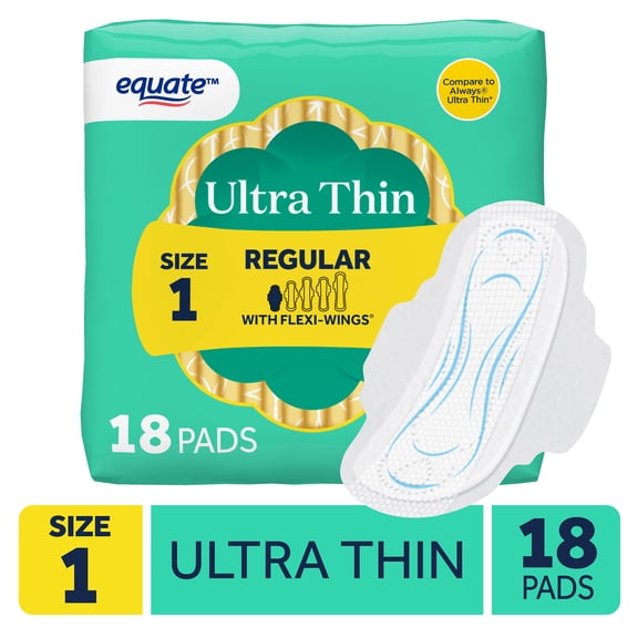 Equate Ultra Thin Pads with Flexi-Wings, Regular Absorbency, Size 1, 18 Count