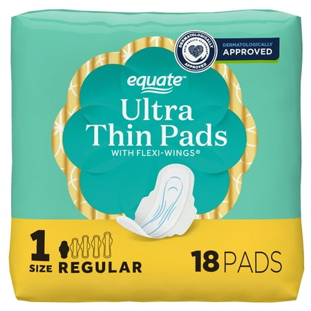 Equate Ultra Thin Pads with Wings, Size 1, Regular Absorbency, Compare to Always (18 Count)