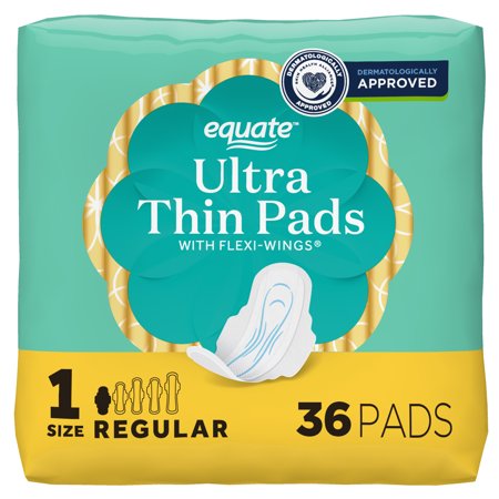 Equate Ultra Thin Pads with Wings, Size 1, Regular Absorbency, Compare to Always (36 Count)
