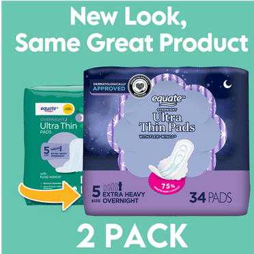 Equate Ultra Thin Pads with Wings, Extra Heavy Overnight, Unscented, 68 Count