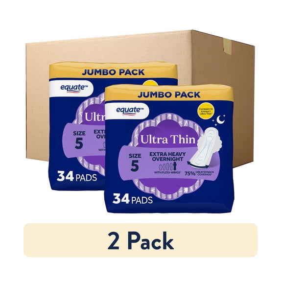 Equate Ultra Thin Pads with Wings, Size 5 , Extra Heavy Overnight Absorbency, Compare to Always (68 Count)