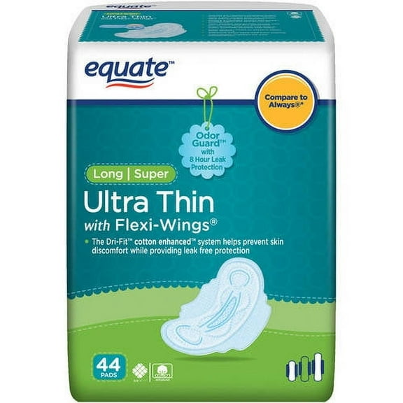 Equate Ultra Thin Pads with Wings, Long Super Unscented, 44 ct