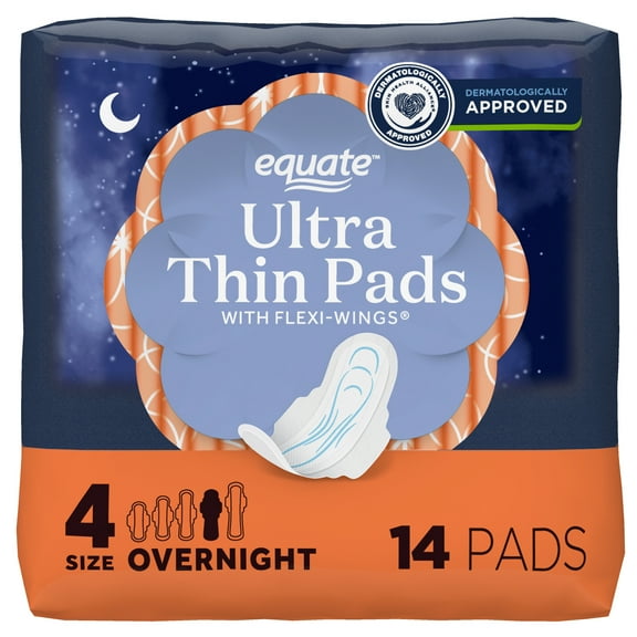 Equate Ultra Thin Pads with Wings, Size 4 , Overnight Absorbency, Compare to Always (14 Count)