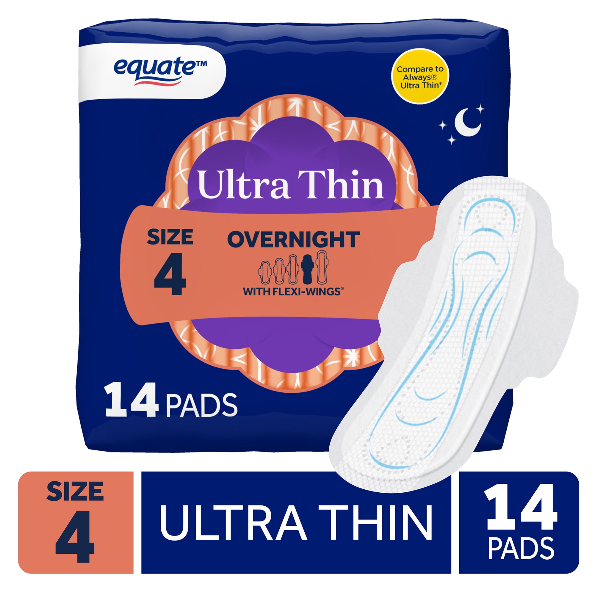Equate Ultra Thin Pads with Flexi-Wings, Overnight Absorbency, Size 4, 14 Count