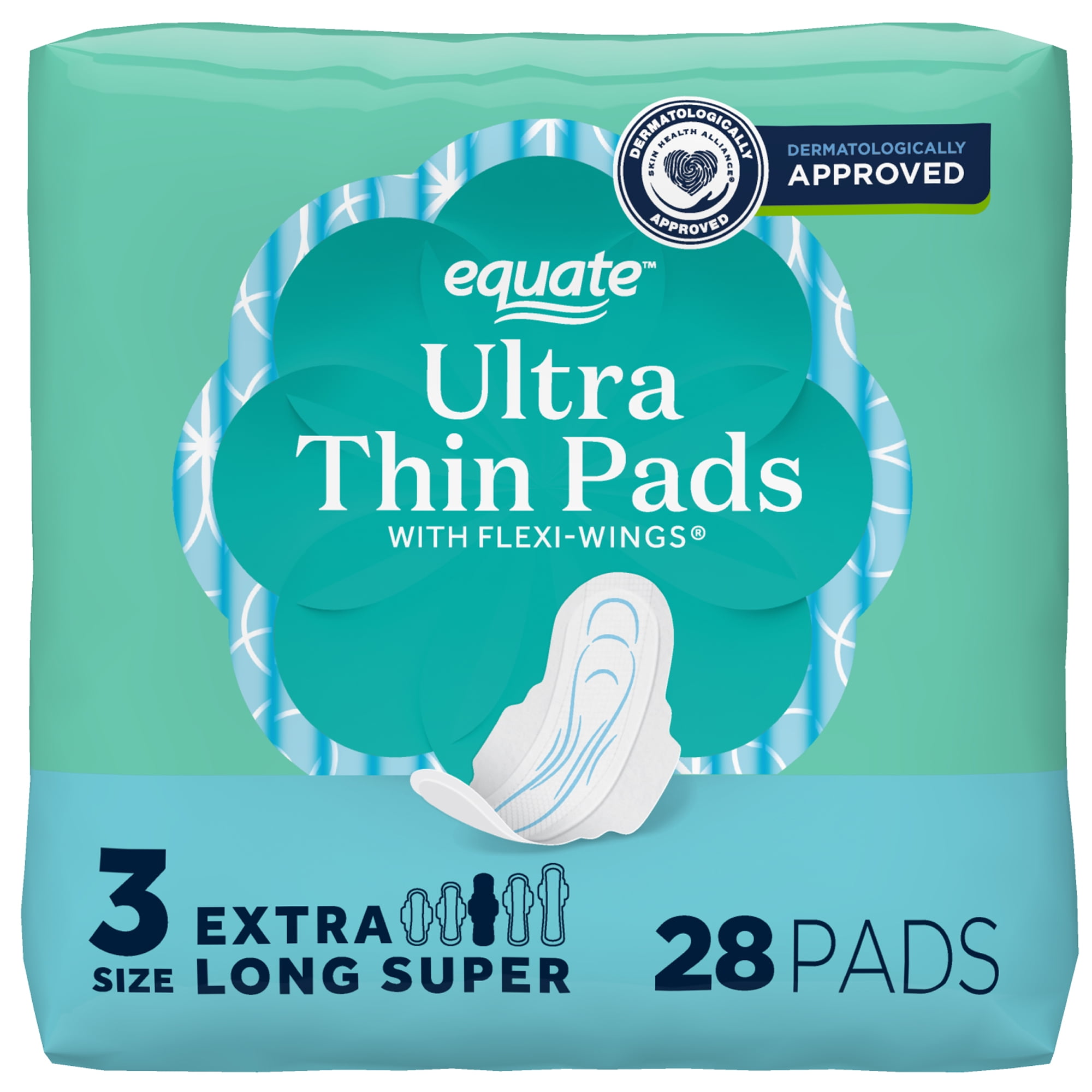 Equate Ultra Thin Pads with Wings, Size 3, Extra Long Super Absorbency, Compare to Always (28 Count)
