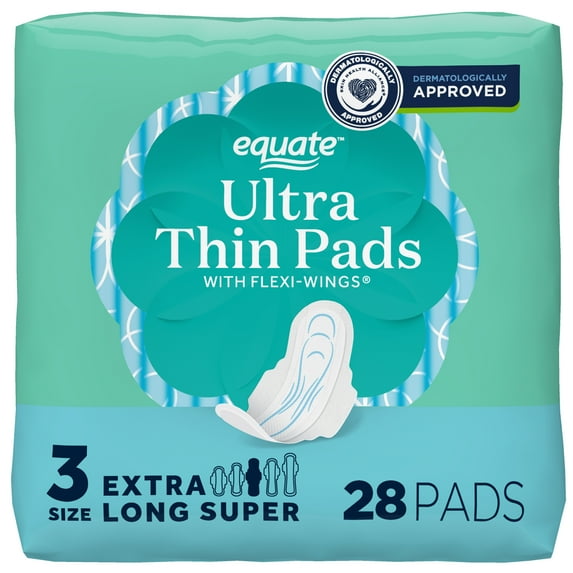 Equate Ultra Thin Pads with Wings, Size 3, Extra Long Super Absorbency, Compare to Always (28 Count)