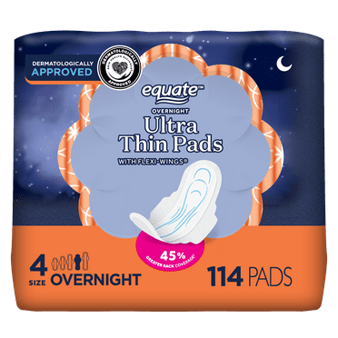 Equate Ultra Thin Pads with Wings, Unscented, Overnight, Size 4 (114 Count)
