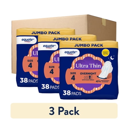 Equate Ultra Thin Pads with Wings, Size 4, Overnight Absorbency, Compare to Always (114 Count)